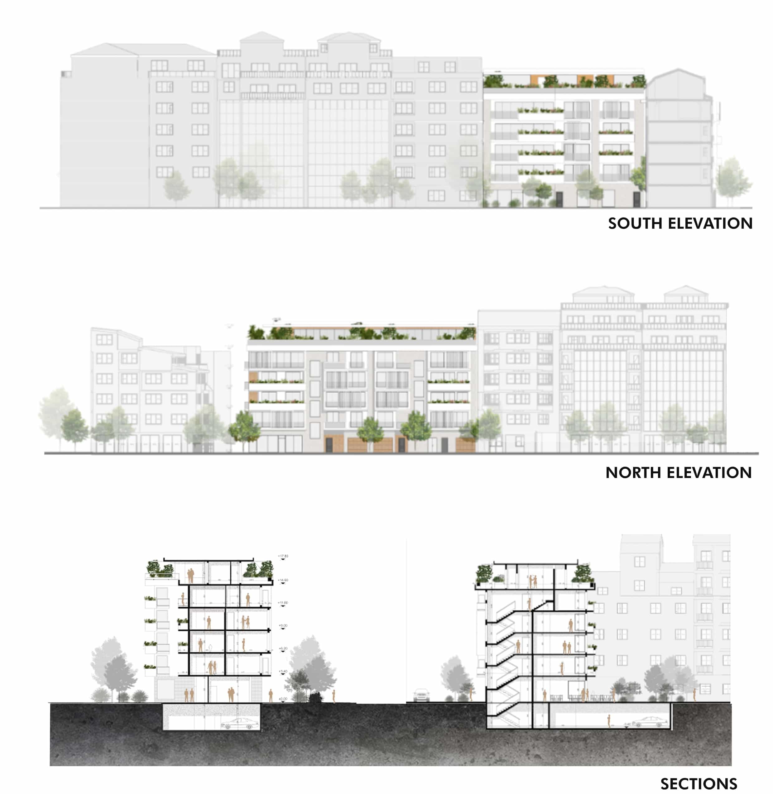 image showing the south and north elevation of the building and a crosscut of the building showing the floors and rooms