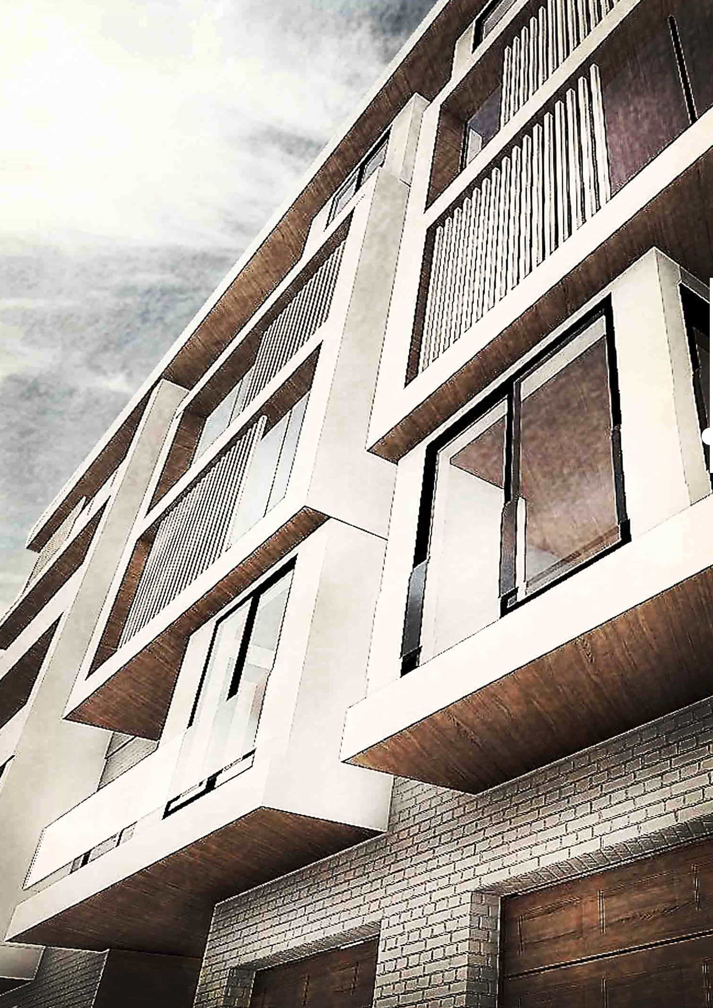 image of the building from the view of a walking human standing on the adjacent sidewalk looking towards the windows of the building