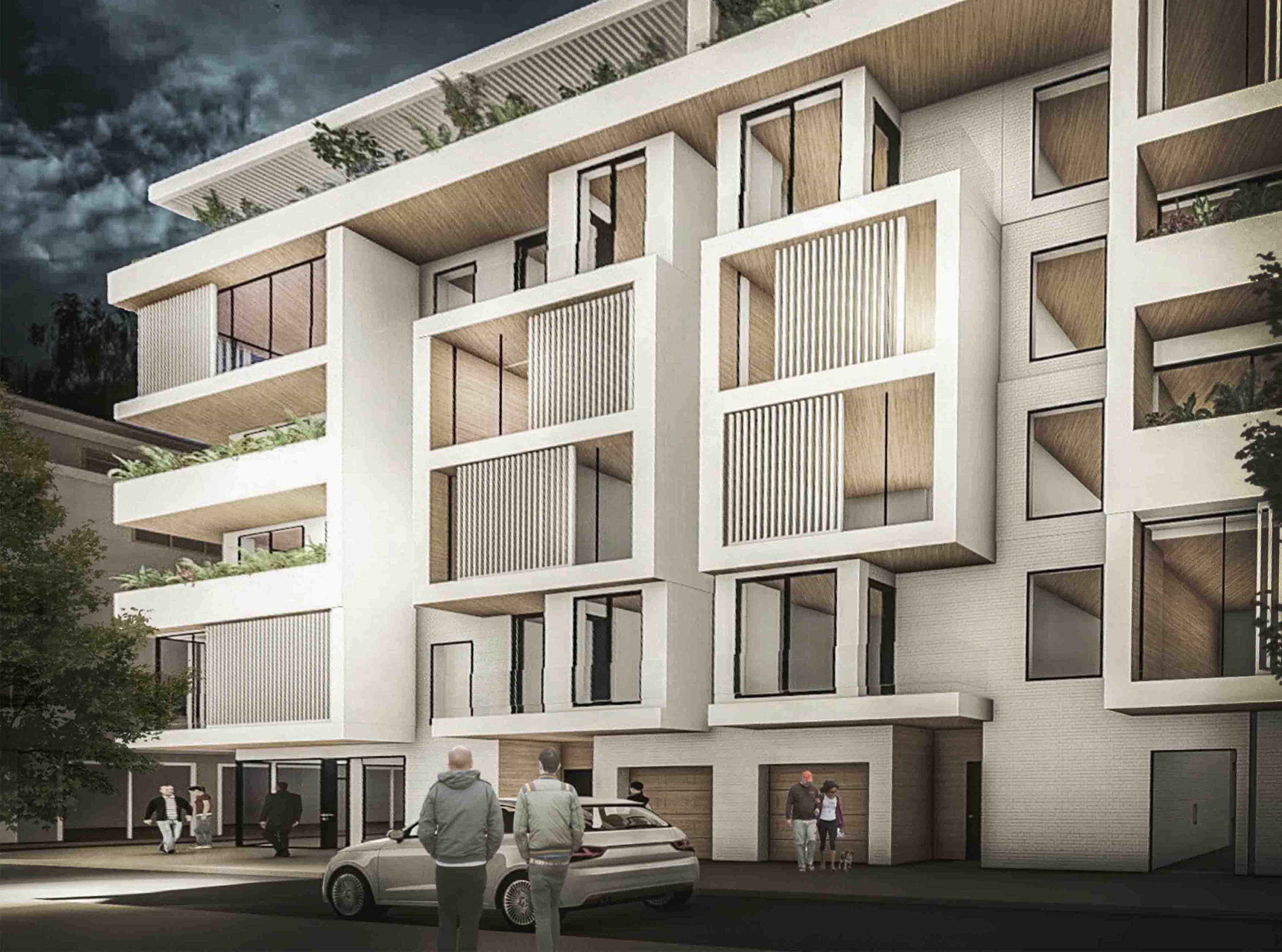image of the building from the view of a walking human standing on the sidewalk across the street looking towards the windows of the building