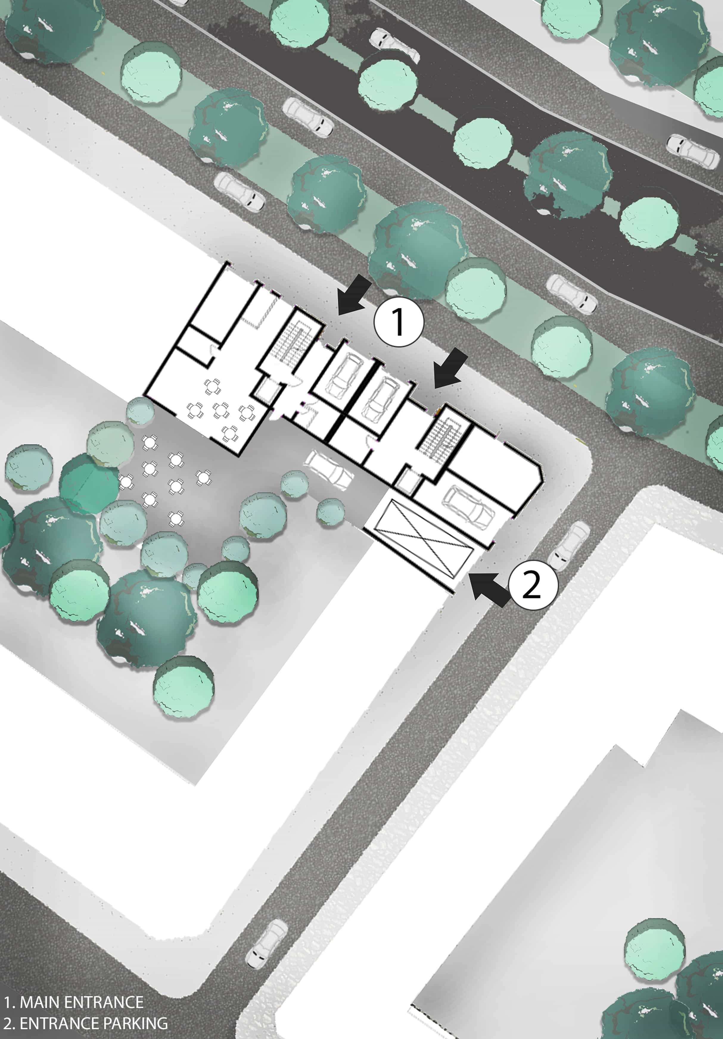 image of the residential building parking layout and the entrances